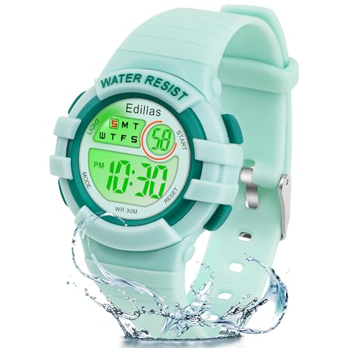 Edillas Kinderuhr Mädchen Jungen Digital,7 Farben Licht Digital Armbanduhr für Kinder wasserdichte Sport Outdoor Multifunktionale Digital Uhren mit Stoppuhr/Alarm (Grün) von Edillas