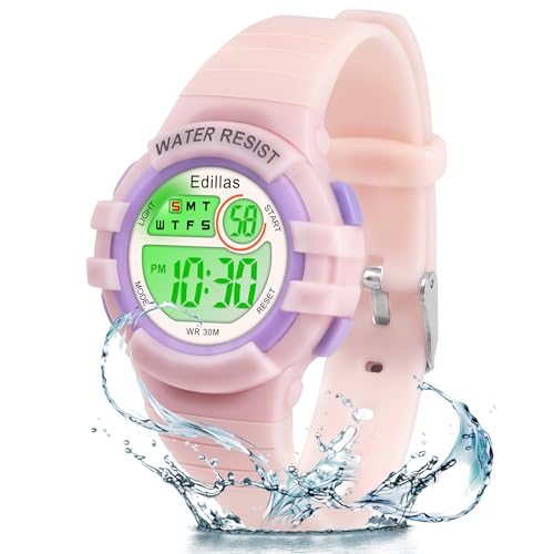 Edillas Kinderuhr Mädchen Jungen Digital,7 Farben Licht Digital Armbanduhr für Kinder wasserdichte Sport Outdoor Multifunktionale digital Uhren mit Stoppuhr/Alarm von Edillas