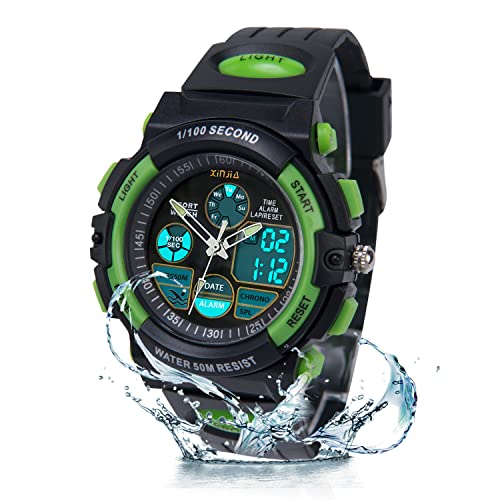 Edillas Kinderuhr für Jungen,Digital Analog Armbanduhr 50M wasserdichte Sportuhr im Freien mit Alarm/Stoppuhr/LED-Licht für Jugendliche(Schwarz-Grün) von Edillas