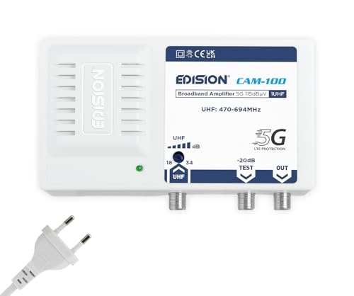 EDISION CAM-100 Breitband-Verstärker 1UHF, 18-34db einstellbar, 115dBmV, Antennenverstärker geeignet für Terrestrisch DVB-T/T2, 5G LTE Filter, Frequenzbereich UHF 470-694Mhz EDISION CAM-100 Breitband-Verstärker 1UHF, 18-34db einstellbar, 115dBmV, Antennenverstärker geeignet für Terrestrisch DVB-T/T2, 5G LTE Filter, Frequenzbereich UHF 470-694Mhz von Edision
