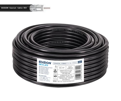 EDISION OCX-25 Koaxialkabel 25m, Antennenkabel 130dB Outdoor/Indoor PE Schwarz, reines Kupfer Innenleiter CU, SAT Kabel, geeignet für DVB-S2, DVB-T/T2, DVB-C, BK-Anlagen, CCTV, Ring 25m EDISION OCX-25 Koaxialkabel 25m, Antennenkabel 130dB Outdoor/Indoor PE Schwarz, reines Kupfer Innenleiter CU, SAT Kabel, geeignet für DVB-S2, DVB-T/T2, DVB-C, BK-Anlagen, CCTV, Ring 25m von Edision