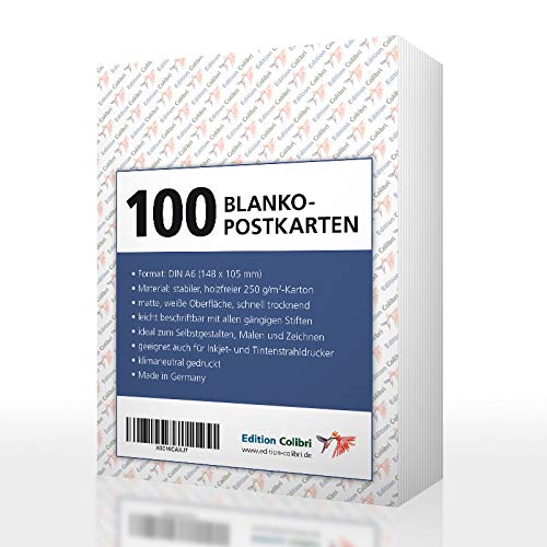 Edition Colibri 100 BLANKO-POSTKARTEN zum selbst gestalten und bedrucken; weiß, 250 g-Papier, für Drucker geeignet von Edition Colibri