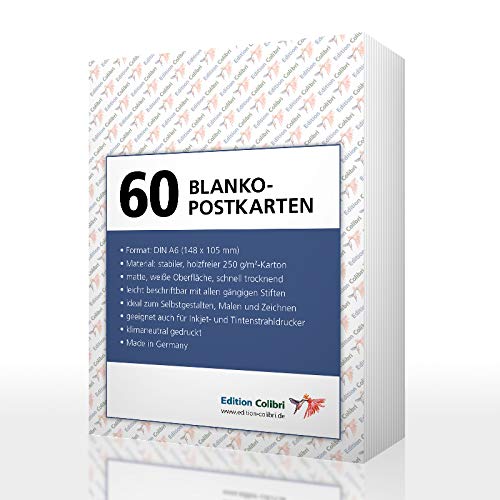 Edition Colibri 60 BLANKO-POSTKARTEN (weiss) im DIN A 6-Format: Postkarten-Set mit 60 Blanko-Karten zum Selbstgestalten, für Drucker geeignet von Edition Colibri