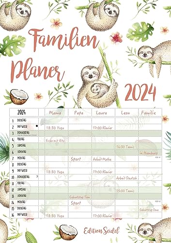 Edition Seidel Premium Familienplaner XL 2024 Familienkalender Familientimer Familien Kalender Wandkalender DIN A3 5 Spalten (Faultier) von Edition Seidel