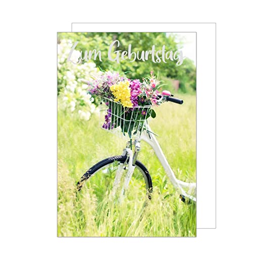 Edition Seidel Premium Geburtstagskarte mit Silberprägung und Umschlag. Glückwunschkarte Grusskarte Billet Zum Geburtstag Happy Birthday Mann Frau Glückwünsche Blumen Strauß Korb Fahrrad (G3108 SW023) von Edition Seidel