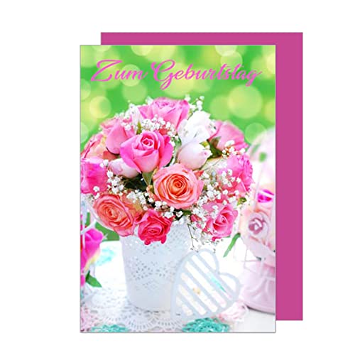 Edition Seidel Premium Geburtstagskarte mit Umschlag. Glückwunschkarte Grusskarte Billet Geburtstag Karte Happy Birthday Grusskarte rosa Rosen Blumenstrauß Herz (G2960 SW023) von Edition Seidel