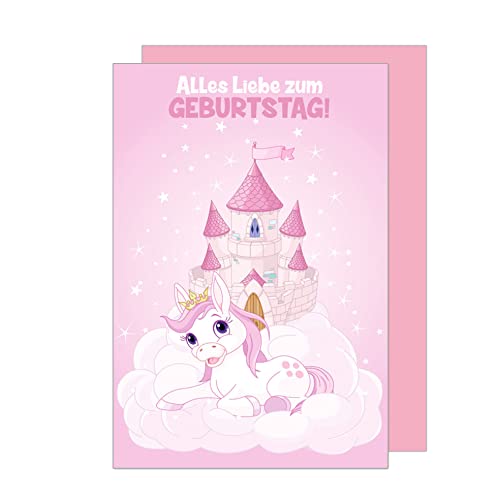Edition Seidel Premium Geburtstagskarte mit Umschlag. Glückwunschkarte Grusskarte Billet Geburtstag Karte Happy Birthday Kinderkarte Kids lustig rosa Schloss Pony Wolken Mädchen (G1770 SW023) von Edition Seidel