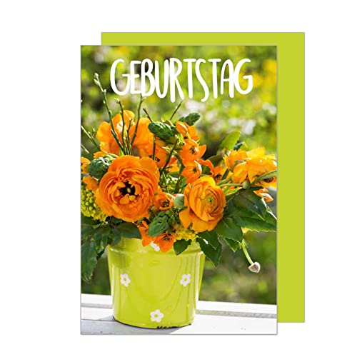 Edition Seidel Premium Geburtstagskarte mit Umschlag. Glückwunschkarte Grusskarte Billet Happy Birthday Mann Frau Kind Geburtstag Blumenstrauß Ranukel Hopfen Karte (G2777 SW023) von Edition Seidel