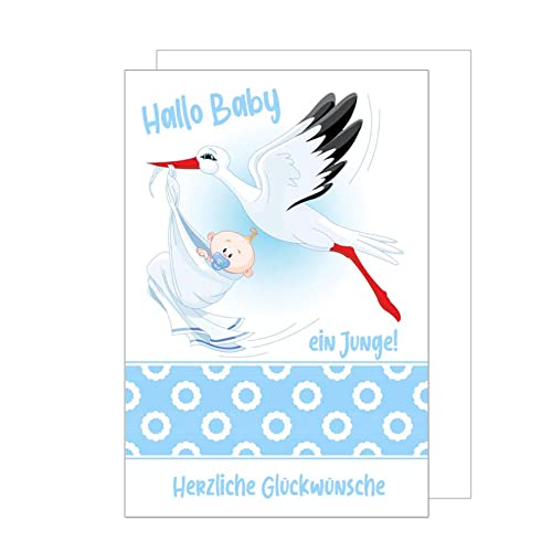 Edition Seidel Premium Glückwunschkarte zur Geburt mit Umschlag. Karte Ereigniskarte Grusskarte Hallo Baby ein Junge Herzliche Glückwünsche Ereignis Storch blau (E254 SW023) von Edition Seidel