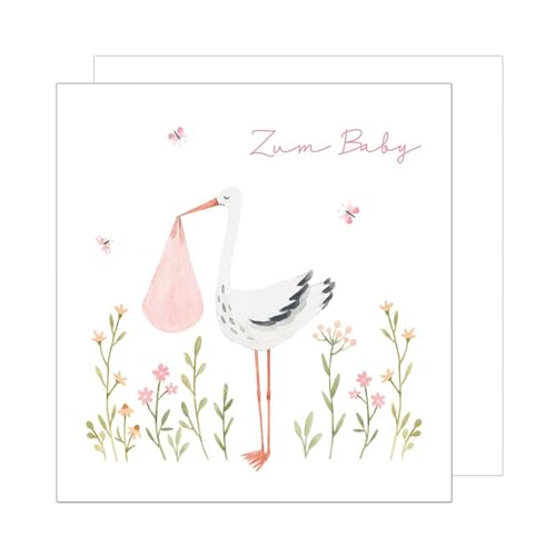 Edition Seidel Premium Glückwunschkarte zur Geburt mit Umschlag. Karte Grußkarte Babykarte Billet Ereignis Junge Mädchen Baby Storch Blumen rosa (EQ100 SW024) von Edition Seidel