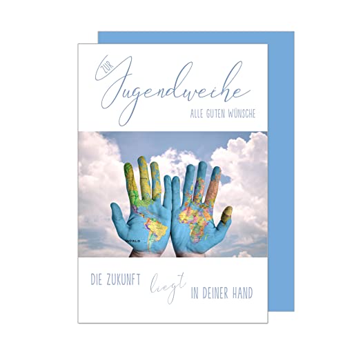 Edition Seidel Premium Glückwunschkarte zur Jugendweihe mit Umschlag. Eine einzelne Karte zur Jugendweihe mit Spruch. Grusskarte Hände Welt Himmel Junge Mädchen (JW125 SW023) von Edition Seidel