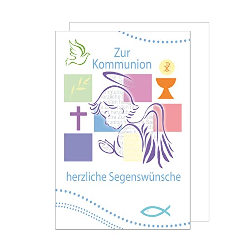 Edition Seidel Premium Glückwunschkarte zur Kommunion mit Umschlag. Kommunionskarte Karte Grusskarte Engel Kreuz Kelch Taube Junge Mädchen (KO181 SW023) von Edition Seidel