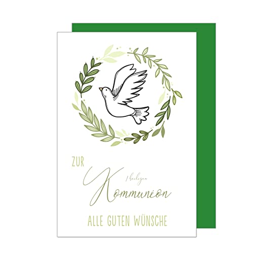Edition Seidel Premium Glückwunschkarte zur Kommunion mit Umschlag. Kommunionskarte Karte Grusskarte Taube grüne Zweige Junge Mädchen (KO280 SW023) von Edition Seidel