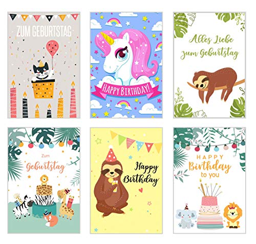 Set 6 Kinder Geburtstagskarten mit Umschlag. Glückwunschkarten zum Geburtstag mit Umschlag. Grusskarte Geburtstagskarte Kindergeburtstag (Doppelkarten/Klappkarten mit Briefumschlag) von Edition Seidel