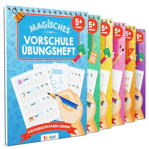 Edubini Magische Vorschule Übungshefte ab 5 Jahren für Junge & Mädchen - [4 HEFTE + STIFT] - Wiederverwendbare Schreiblernhefte für Vorschule - Buchstaben lernen, Schreiben lernen (6er Set) von Edubini