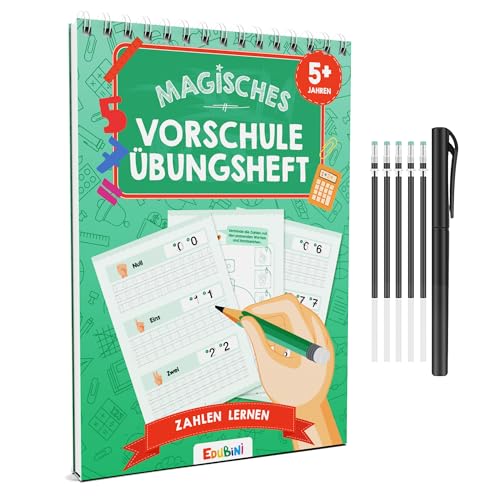 Edubini Magische Vorschule Übungshefte ab 5 Jahren für Junge & Mädchen - [HEFTE + STIFT] - Wiederverwendbare Schreiblernhefte für Vorschule - Zahlen lernen von Edubini