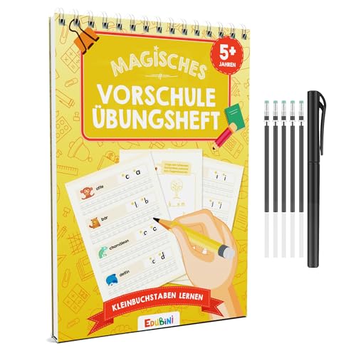 Magische Vorschule Übungshefte ab 5 Jahren für Junge & Mädchen - [4 HEFTE + STIFT] - Wiederverwendbare Schreiblernhefte für Vorschule - Buchstaben lernen, Schreiben lernen (Kleinbuchstaben lernen) von Edubini