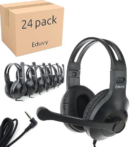 Eduvy Bulk Kopfhörer für Klassenzimmer mit Mikrofon, robuste Schulpackung, kabelgebundene Kopfhörer für Schüler mit drehbarem Galgenmikrofon, Lehrer-Must Haves von Grundschule bis College (24 Stück von Eduvy