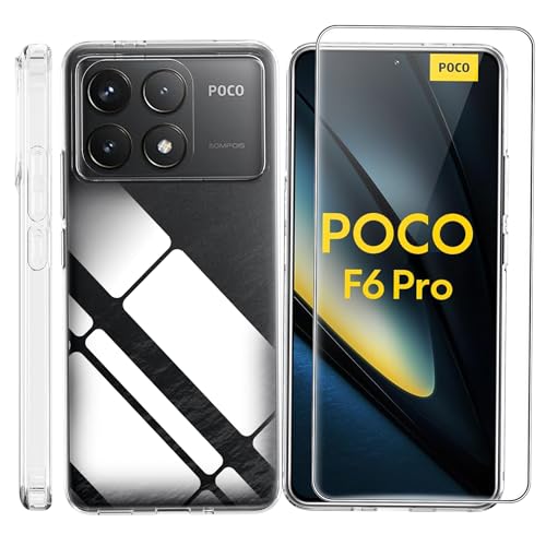 Effcotuo Hülle für Xiaomi Poco F6 Pro Cover mit 1 Stücke Panzerfolie für Panzerglas Displayschutzfolie Schutzfolie Durchsichtig Handyhülle Transparent Silikon TPU Schutzhülle Case von Effcotuo