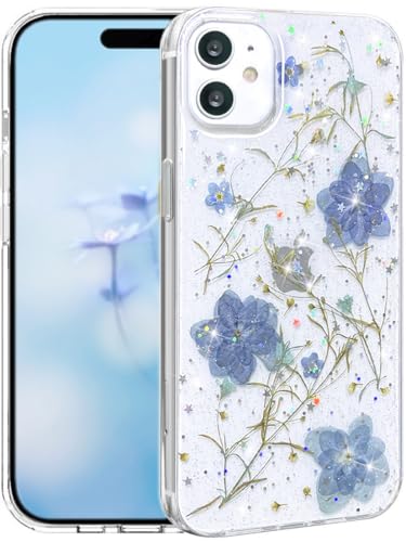 Efitoo Schutzhülle für iPhone 11, transparent, Glitzer mit Blumen-Design, echte getrocknete gepresste Blume/Blumenmuster, niedlich, weich, schlank, ästhetisch, stoßfest, für Mädchen (blau) von Efitoo