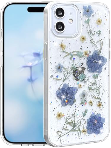 Efitoo Schutzhülle für iPhone 12 / 12 Pro, transparent, Glitzer mit Blumen-Design, echte getrocknete gepresste Blume/Blume, glitzernd, weich, schlank, ästhetisch, stoßfest, für Mädchen (blau) von Efitoo