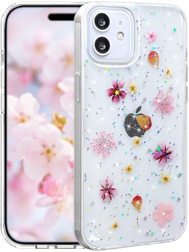 Efitoo Schutzhülle für iPhone 12 / 12 Pro, transparenter Glitzer mit Blumen-Design, echt getrocknet, gepresst, Blumenmuster, Kirschblüte, niedlich, weich, schlank, ästhetisch, stoßfest, für Damen Efitoo Schutzhülle für iPhone 12 / 12 Pro, transparenter Glitzer mit Blumen-Design, echt getrocknet, gepresst, Blumenmuster, Kirschblüte, niedlich, weich, schlank, ästhetisch, stoßfest, für Damen von Efitoo