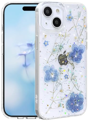 Efitoo Schutzhülle für iPhone 13/14/15, transparent, Glitzer mit Blumen-Design, echte getrocknete gepresste Blume/Blume, niedlich, weich, schlank, ästhetisch, stoßfest, für Mädchen (blau) von Efitoo