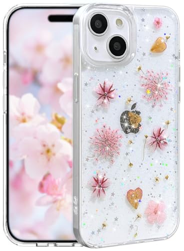 Efitoo Schutzhülle für iPhone 13 / 14 / 15, transparent, Glitzer mit Blumendesign, getrocknet, gepresst, Blumenmuster, Kirschblüte, niedlich, weich, schlank, ästhetisch, stoßfest, für Damen, Mädchen von Efitoo