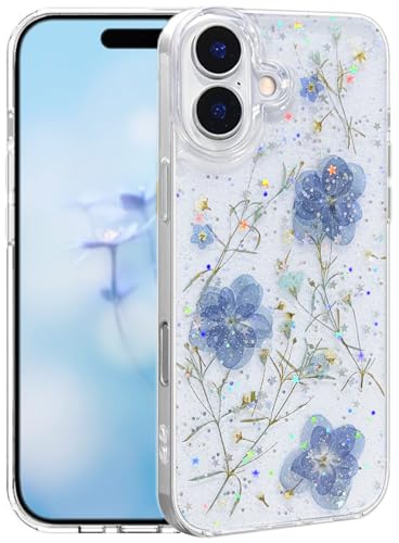 Efitoo Schutzhülle für iPhone 16, Glitzer-Motiv mit Blumen-Design, echte getrocknete gepresste Blume/Blumenmuster, niedlich, weich, schlank, ästhetisch, stoßfest, für Damen und Mädchen, Blau Efitoo Schutzhülle für iPhone 16, Glitzer-Motiv mit Blumen-Design, echte getrocknete gepresste Blume/Blumenmuster, niedlich, weich, schlank, ästhetisch, stoßfest, für Damen und Mädchen, Blau von Efitoo