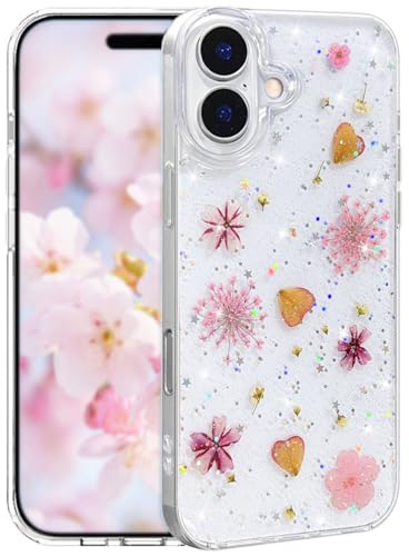 Efitoo Schutzhülle für iPhone 16 Plus, transparent, Glitzer mit Blumen-Design, echte getrocknete gepresste Blume/Blumenmuster, niedlich, weich, schlank, ästhetisch, stoßfest, für Damen, Mädchen, Rosa Efitoo Schutzhülle für iPhone 16 Plus, transparent, Glitzer mit Blumen-Design, echte getrocknete gepresste Blume/Blumenmuster, niedlich, weich, schlank, ästhetisch, stoßfest, für Damen, Mädchen, Rosa von Efitoo