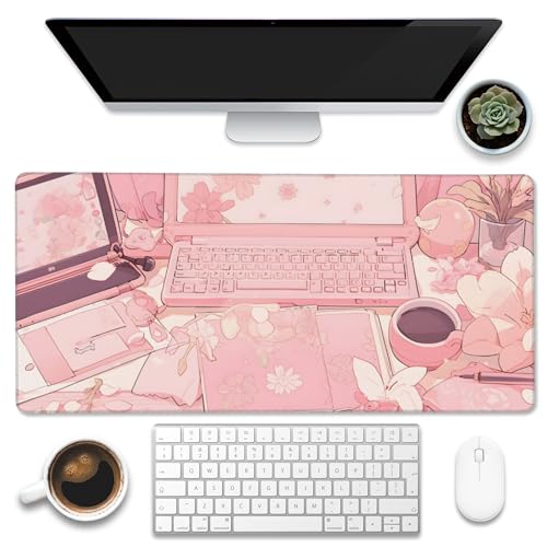 Eflxamz Großes Gaming-Mauspad für den Schreibtisch, rosa Kawaii-Anime-Girl-Schreibtischunterlage, Kawaii-Anime-Schreibtischunterlage, erweiterte große Computer-Tastatur-Mauspad mit rutschfester von Eflxamz