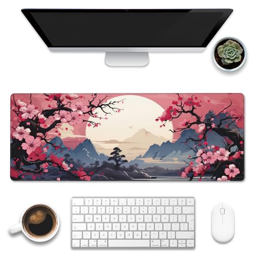 Eflxamz Pinke Kirschblütenbaum-Schreibtischunterlage, Berge und Sonne, großes Gaming-Mauspad, erweiterte große Computer-Tastaturunterlage mit rutschfester Unterseite und genähtem Rand, 80 x 30 cm Eflxamz Pinke Kirschblütenbaum-Schreibtischunterlage, Berge und Sonne, großes Gaming-Mauspad, erweiterte große Computer-Tastaturunterlage mit rutschfester Unterseite und genähtem Rand, 80 x 30 cm von Eflxamz