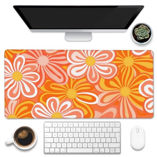 Eflxamz Schreibtischunterlage, Hippie-Vintage-Stil, orangefarbene Blumen, Retro-Blumenmuster, großes Gaming-Mauspad für den Schreibtisch, erweiterte große Computer-Tastatur, Mauspad mit rutschfester Eflxamz Schreibtischunterlage, Hippie-Vintage-Stil, orangefarbene Blumen, Retro-Blumenmuster, großes Gaming-Mauspad für den Schreibtisch, erweiterte große Computer-Tastatur, Mauspad mit rutschfester von Eflxamz
