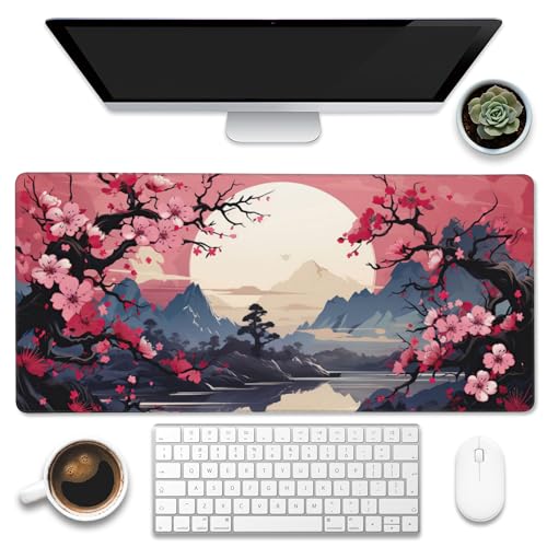 Eflxamz Schreibtischunterlage, rosa Kirschblütenbaum, Berge und Sonne, großes Gaming-Mauspad für den Schreibtisch, erweiterte große Computer-Tastatur, Mauspad mit rutschfester Unterseite und genähtem Eflxamz Schreibtischunterlage, rosa Kirschblütenbaum, Berge und Sonne, großes Gaming-Mauspad für den Schreibtisch, erweiterte große Computer-Tastatur, Mauspad mit rutschfester Unterseite und genähtem von Eflxamz