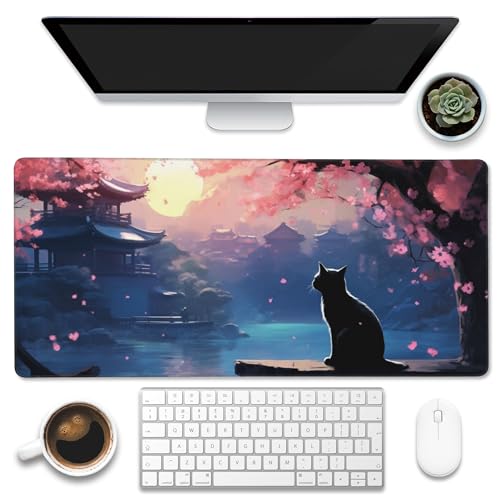 Eflxamz Schreibtischunterlage, schwarze Katze unter Kirschblütenbaum, japanische Landschaft, großes Gaming-Mauspad für den Schreibtisch, erweiterte große Computer-Tastatur, Mauspad mit rutschfester Eflxamz Schreibtischunterlage, schwarze Katze unter Kirschblütenbaum, japanische Landschaft, großes Gaming-Mauspad für den Schreibtisch, erweiterte große Computer-Tastatur, Mauspad mit rutschfester von Eflxamz