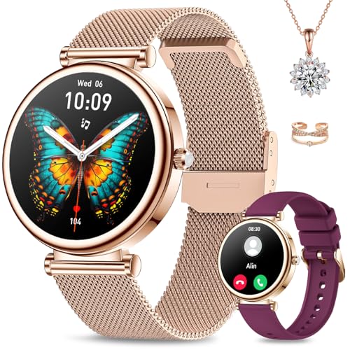 Kleine Smartwatch Damen(２Band+Halskette+Ring) 1,27" Fitnessuhr mit SpO2 Herzfrequenz Schlafmonitor Schrittzähler, Fitness Tracker mit 120+Sport Modi für iOS Android, Damen Uhr Smartwatch Rosegold von Efolen
