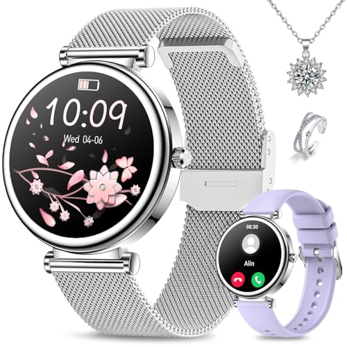 Kleine Smartwatch Damen(２Band+Halskette+Ring) 1,27" Fitnessuhr mit SpO2 Herzfrequenz Schlafmonitor Schrittzähler, Fitness Tracker mit 120+Sport Modi für iOS Android, Damen Uhr Smartwatch Silber von Efolen