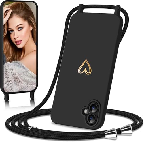 Eherui Handykette für iPhone 16 Plus Hülle mit Band,Design Gold Herz,Dünn Stoßfeste SchutzHülle,mit Abnehmbar Kordel zum Umhängen Liquid Silikon Case Handyhülle für iPhone 16 Plus 6,7 Zoll,Schwarz Eherui Handykette für iPhone 16 Plus Hülle mit Band,Design Gold Herz,Dünn Stoßfeste SchutzHülle,mit Abnehmbar Kordel zum Umhängen Liquid Silikon Case Handyhülle für iPhone 16 Plus 6,7 Zoll,Schwarz von Eherui