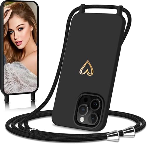 Eherui Handykette für iPhone 16 Pro Hülle mit Band,Design Gold Herz,Dünn Stoßfeste SchutzHülle,mit Abnehmbar Kordel zum Umhängen Liquid Silikon Case Handyhülle für iPhone 16 Pro 6,3 Zoll,Schwarz Eherui Handykette für iPhone 16 Pro Hülle mit Band,Design Gold Herz,Dünn Stoßfeste SchutzHülle,mit Abnehmbar Kordel zum Umhängen Liquid Silikon Case Handyhülle für iPhone 16 Pro 6,3 Zoll,Schwarz von Eherui