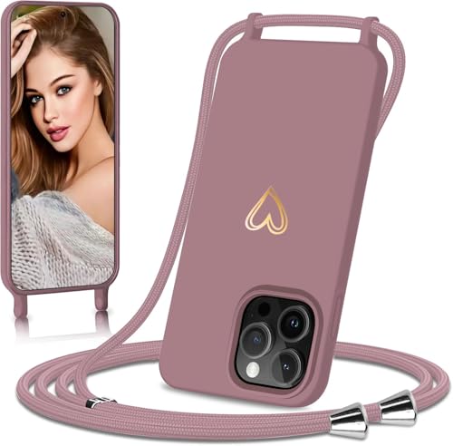 Eherui Handykette für iPhone 16 Pro Max Hülle mit Band,Design Gold Herz,Dünn Stoßfeste SchutzHülle,mit Abnehmbar Kordel zum Umhängen Liquid Silikon Case Handyhülle für iPhone 16 Pro Max 6,9 Zoll,Rosa von Eherui