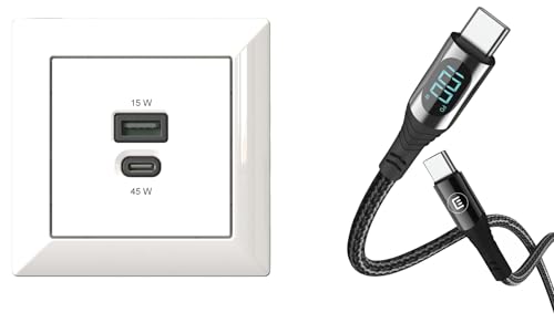 EHMANN 2in1 Bundle Unterputz USB-Ladestation, USB-C 45 Watt + USB-A 15 Watt Charger, weiß & USB C/C Kabel, Laden (100W) + Datentransfer(480Mbps) + Leistungsmessung (Anzeige), 3m Länge, Power Delivery von Ehmann