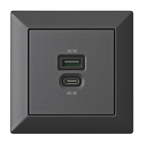 Unterputz USB-Ladestation, USB-C 45 Watt + USB-A 15 Watt Charger, Mattschwarz von Ehmann