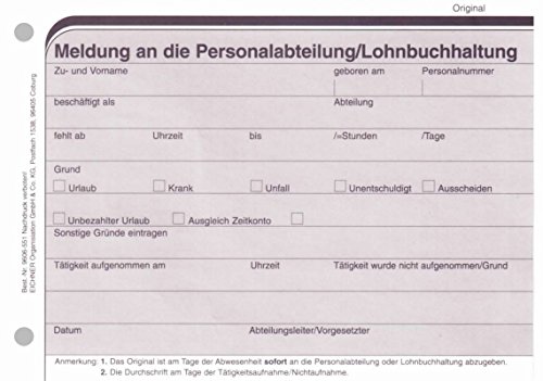 Formular zur Meldung von Arbeitsausfall, DIN A5, VE 1 Block von Eichner