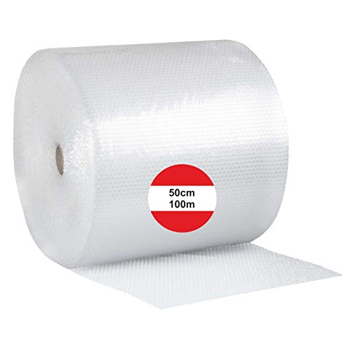 Luftpolsterfolie 50cm x 100m Verpackungsfolie Rolle Blisterfolie Noppenfolie Polsterfolie Transparent (1x 50cm x 100m + 1x Klebeband) von Eigenmarke