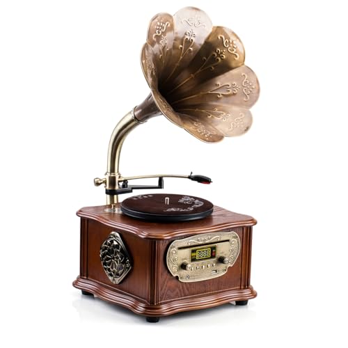 Grammophon, Retro Plattenspieler, Schallplattenspieler mit Bluetooth, Phonograph mit Radiofunktion, Integrierte Stereo-Lautsprecher, Bedienung per Fernbedienung. von Eikosch