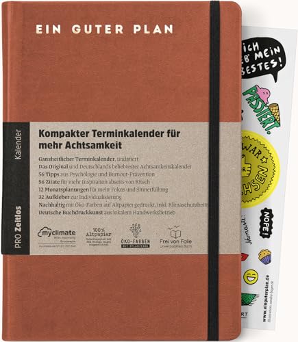 Ein guter Plan Pro Zeitlos – Kompakter Terminkalender für mehr Achtsamkeit im Alltagschaos – Undatierter Planer mit Kunstledereinband, Gummiband und Froschtasche (Fuchs) von Ein guter Plan