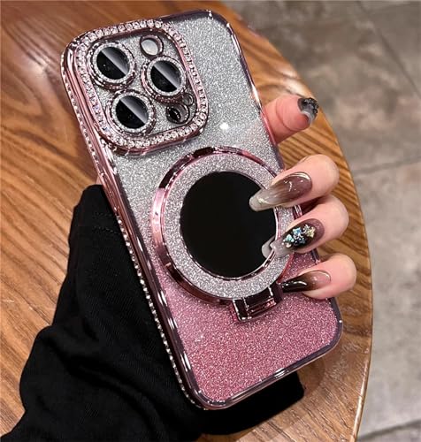 Einaily Glitzer Hülle für iPhone 16 Pro Max Magnetisch Handyhülle mit Ring Ständer,Glitter Strass Handyhülle Transparent TPU Silikon Case mit Makeup Spiegel Stoßfest Kratzfest Schutzhülle, Rose von Einaily