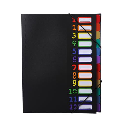 Fächermappe A4, Dokumentenmappe A4, Tragbar Fächermappe mit 12 Fächern, Mappen Ordnersystem PP Kunststoff Ordnungsmappe Pultordner für Schule Bürobedarf Klasse Sortier-/ Sammelmappe (Schwarz) von Einaus