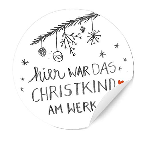 24 matte Weihnachtsetiketten - CHRISTKIND AM WERK - im Handlettering Design, Bleistift Optik, Weiß Grau Rot von Eine der Guten