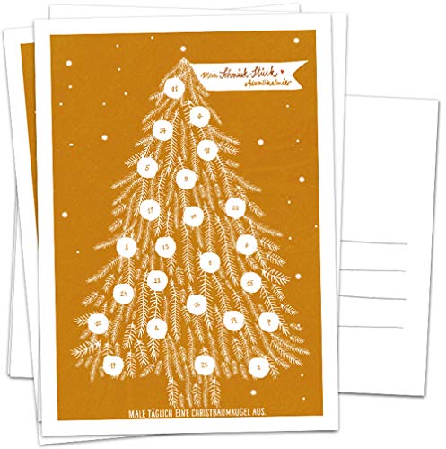 Adventskalender Karten Set - 5 Postkarten im geschmackvollen Design mit Baumkugeln zum Ausmalen, Mini Adventskalender als Weihnachtskarten Alternative für Advent & Weihnachtsgrüße, Kupfer Weiß von Eine der Guten